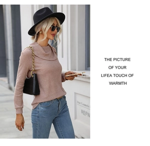 Detail of mauve rib-knit long sleeve top with layered collar and button accents