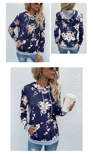 Detailed views of women's navy floral hoodie with gray contrast sleeves and kangaroo pocket