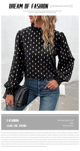 Detail of smocked high neck and gold diamond dot print on black long sleeve shirt