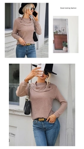 Detail of cowl neck knit top featuring decorative buttons and vertical ribbed texture
