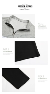 Detail view of the metal zipper collar, hem stitching, and cuffs on the gray sweatshirt