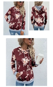 Three views showing floral print hoodie with gray patchwork sleeves and a hood