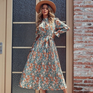 Robe Maxi Plissée Élégante pour Femmes Imprimé Floral Manches Longues Col Demi-Haut Taille Nouée Chiffon Fluide Automne Hiver