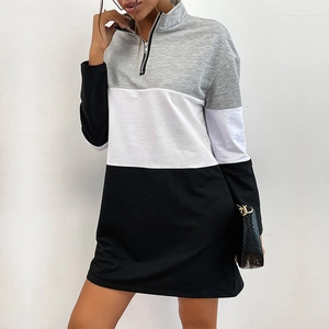 Women Casual Color Block Half Zipper Stand Collar Hoodie Dress Long Sleeve Patchwork Sweatshirt Midi Dress Cotton Polyester Blend