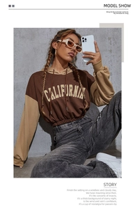 Detalle de la sudadera corta con bloques de color y estampado California en marrón y caqui