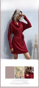 Detail of elegant cowl neck burgundy knit dress with pearl buttons on sleeve cuffs
