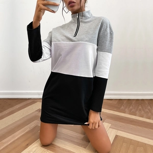 Three-color block patchwork sweater dress with high neck and half zipper for women