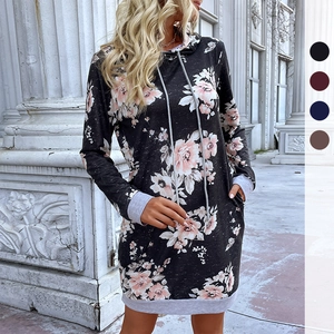 Damen Casual Langarm Blumendruck Kapuzenkleid Kontrast Rippstrick Tasche Herbst Tunika Sweatshirt Kleid