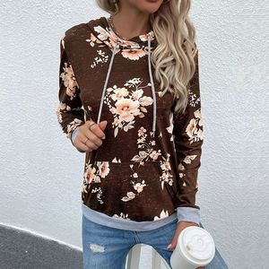 Women Casual Floral Print Hooded Hoodie Polyester Spandex Patchwork Long Sleeve Sweatshirt With Pocket Pullover Fashion Tops