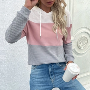 Three-color striped waffle knit hoodie for women with drawstring and casual long sleeves