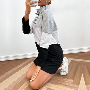 Women's long-sleeve zip collar sweatshirt dress with grey black white color block design