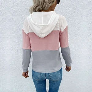 Women's waffle knit hoodie featuring three-color striped patchwork design in back view