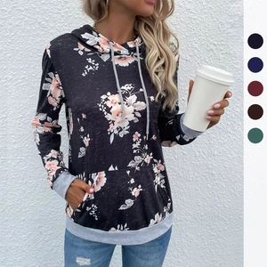Women's floral print drawstring hoodie with kangaroo pocket and gray ribbed trim details
