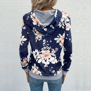 Navy floral hoodie for women with grey ribbed trim and floral print seen from the back