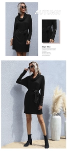 Detail of ribbed knit black dress with cowl neck, adjustable belt and buttoned cuffs