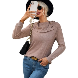 Slim fit long sleeve ribbed knit cowl neck sweater with decorative buttons for women