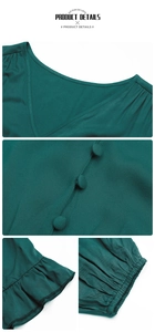 Detailed views of dark green V-neck dress with fabric buttons and ruffled hem