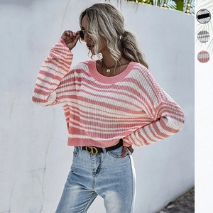 Pull en Maille Rayé pour Femmes Col Rond Manches Longues Pull Court Coupe Décontractée Streetwear Mélange de Coton
