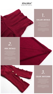 Detailed views of the turtleneck, ribbed hem, and pearl button cuffs on dark red knit dress