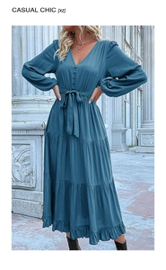 Close-up of V-neck stitching details and buttons on the teal tiered long sleeve dress