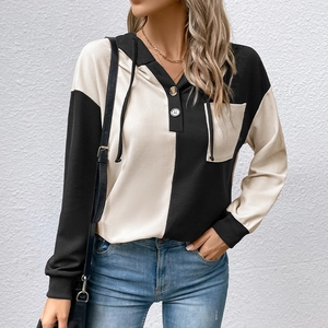 Women's waffle knit contrast hoodie with V-neck, buttons and single chest pocket