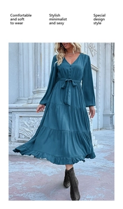 Close-up of deep teal V-neck long sleeve dress with button detail and layered ruffle hem