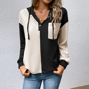 Women Casual Waffle Knit Hoodie Color Block Long Sleeve Sweatshirt Henley Button Neck Hooded Top With Pocket