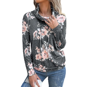 Felpa da donna grigio scuro a collo alto con stampa floreale rosa e coulisse regolabile