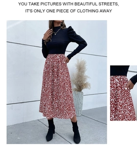 Detail of the high-neck top with puff sleeves and geometric print A-line skirt