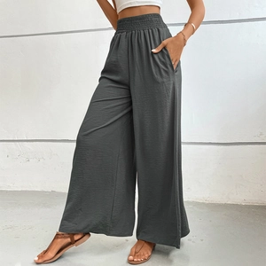 Women's high waist dark grey wide leg trousers with elastic pleated waistband and side pockets