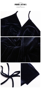 Détail de la robe en velours bleu marine avec col en V et taille nouée élégante
