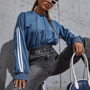 Women blue cropped hoodie with white arm stripes and elastic waist in streetwear style