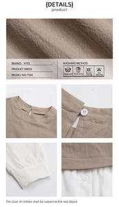 Détail de la texture en coton lin et coutures contrastées sur une robe à manches bouffantes