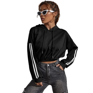 Women's black cropped sports hoodie with white stripes on sleeves and drawstring hood