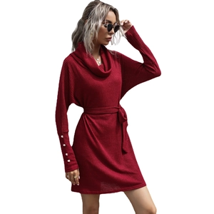 Elegant wine red knit dress with cowl neck, long sleeves, and pearl buttons