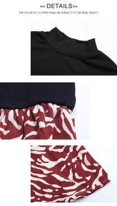 Detail of black ribbed knit mock neck bodice and reddish zebra print patchwork fabric