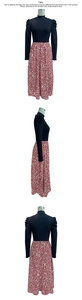 Detailed views of the high-neck puffed sleeve dress with a red wavy pattern skirt