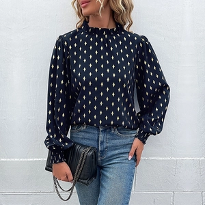 Elegant Women Long Sleeve Blouse Gold Rhombus Geometric Print Ruffled Mock Neck Pullover Casual Fashion Polyester Shirt Top