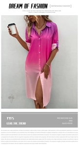 Dettaglio dell'abito a camicia sfumato rosa viola con colletto bottonato e maniche arrotolate