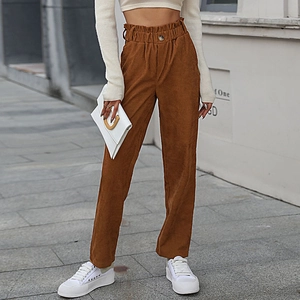 Women's Casual Corduroy Straight Leg Pants High Waist Paperbag Elastic Waist Button Solid Color Commute Ankle Length Trousers