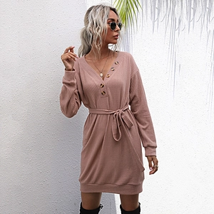 Robe Midi Décontractée en Maille Gauffrée pour Femme Col en V Manches Longues Ceinture à Nouer Boutons Décoratifs