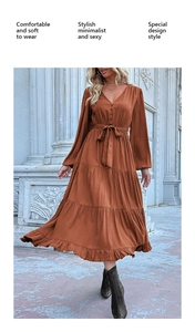 Detail of caramel V-neck tiered dress with long sleeves, waist tie and front buttons