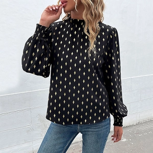 Elegant women's long sleeve black shirt with gold diamond foil print and ruffle high neck