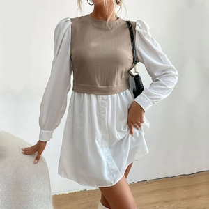Robe d'automne pour femme avec manches bouffantes et patchwork de gilet kaki