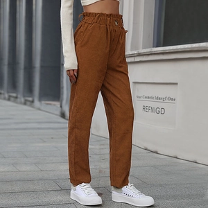 Women's high waist corduroy straight pants in brown with elasticated paperbag waist