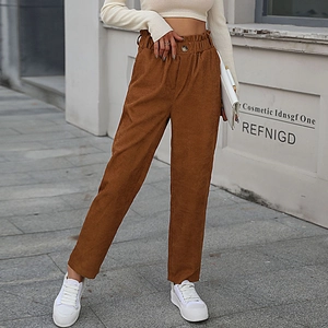 Women's brown corduroy straight leg pants with high elastic waist and button detail