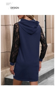 Detail view of the lace sleeve patchwork and hood on this dark blue casual dress