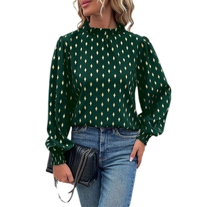 Deep green long sleeve shirt with gold diamond pattern and pleated collar for women