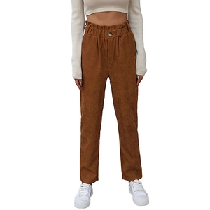 Women's brown corduroy straight leg pants with high elastic waist and button detail