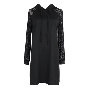 Close-up of black hoodie dress with detailed floral lace sleeves and adjustable drawstrings